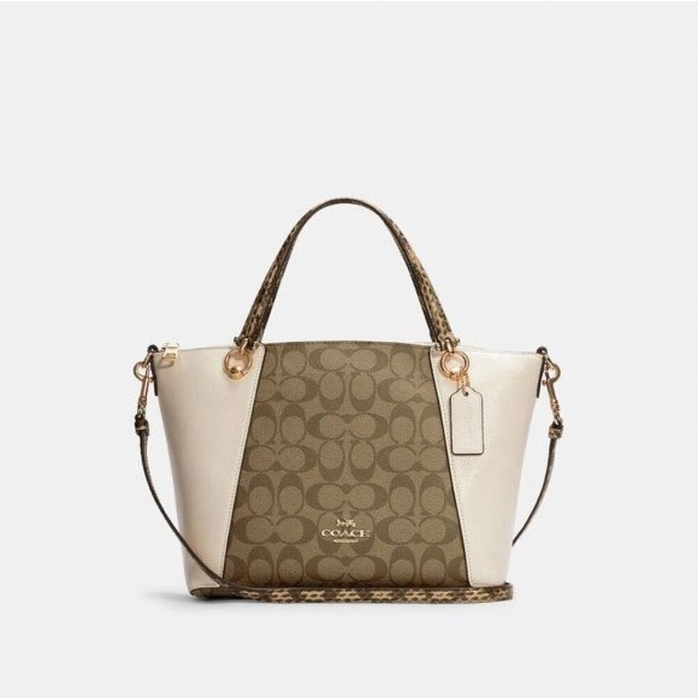 Coach Brown & White Signature Canvas & Leather Mini Tote Crossbody Bag With Adju